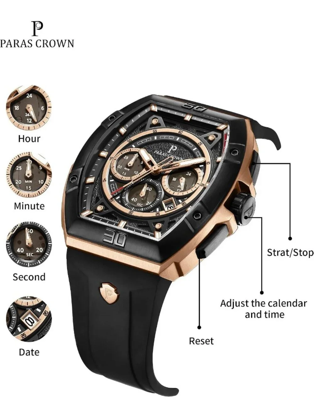 Men's Rose Gold Black 5ATM Waterproof Quartz Luxury Chronograph Analog Watch